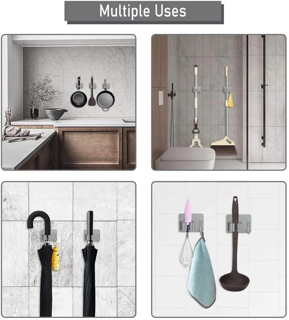 Single Wall Mounted Stainless Steel Self Adhesive Broom Mop Rack Organizer Holder