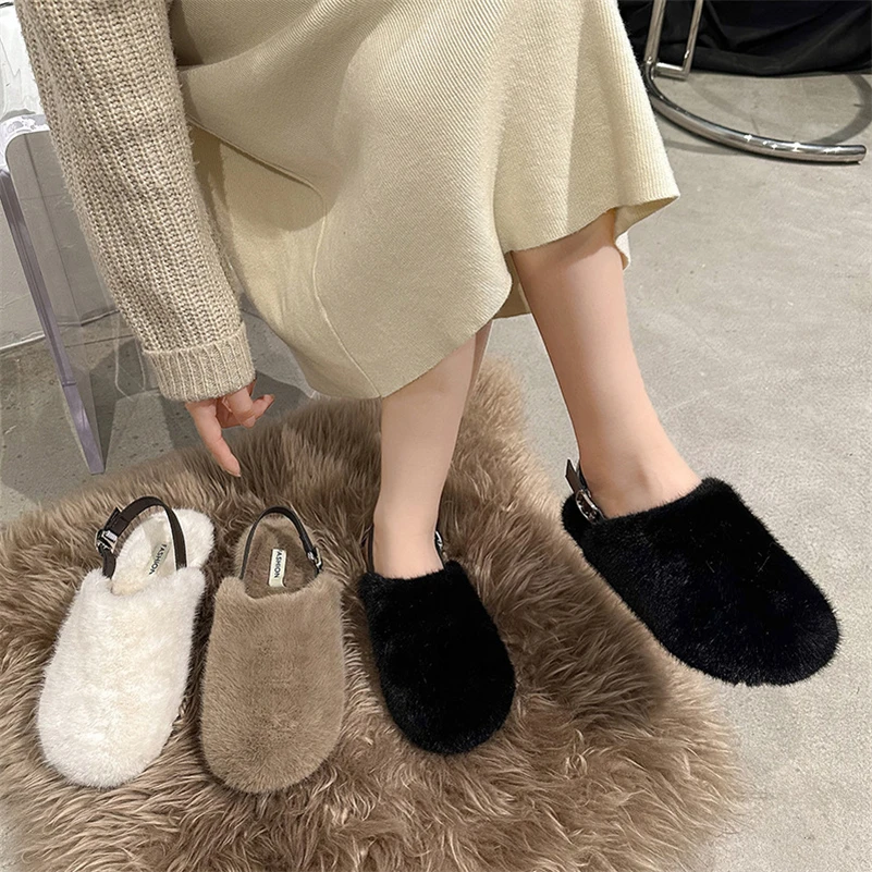 Winter fur slippers retro women flat slipper loafers autumn winter soft comfortable warm cotton shoes