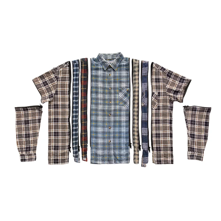 Custom needles 7 cuts zipped flannel oversized shirt for men wholesale reconstructed plaid vintage tops