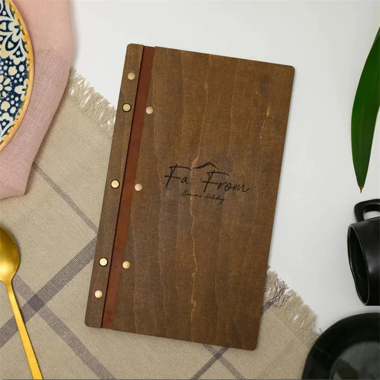 Customized Luxury Leather Strap Bamboo Wooden Cover Notebook Menu File Folder for Restaurant Hotel Wine Bar