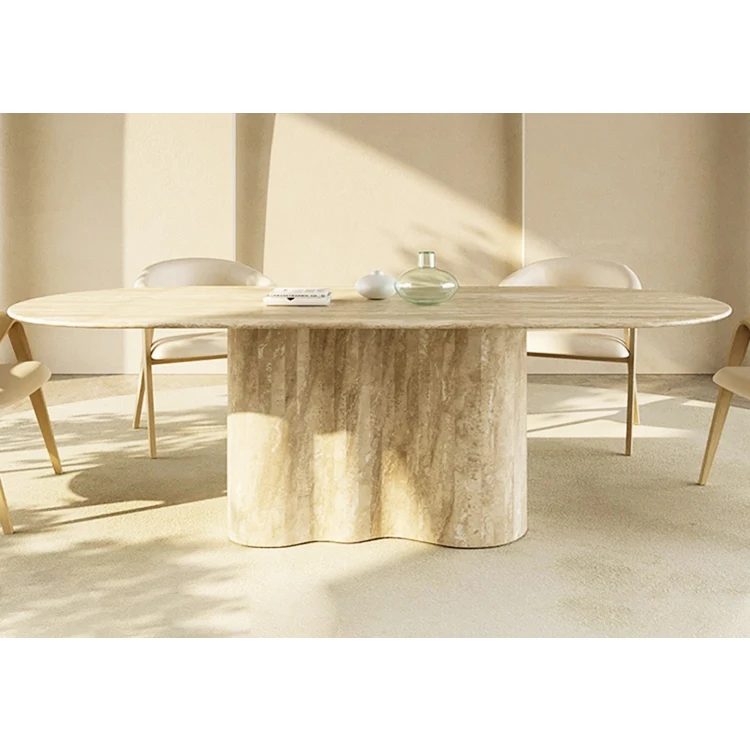 Hotel luxury home design stone pillar column table furniture travertine dining table marble dinning table set
