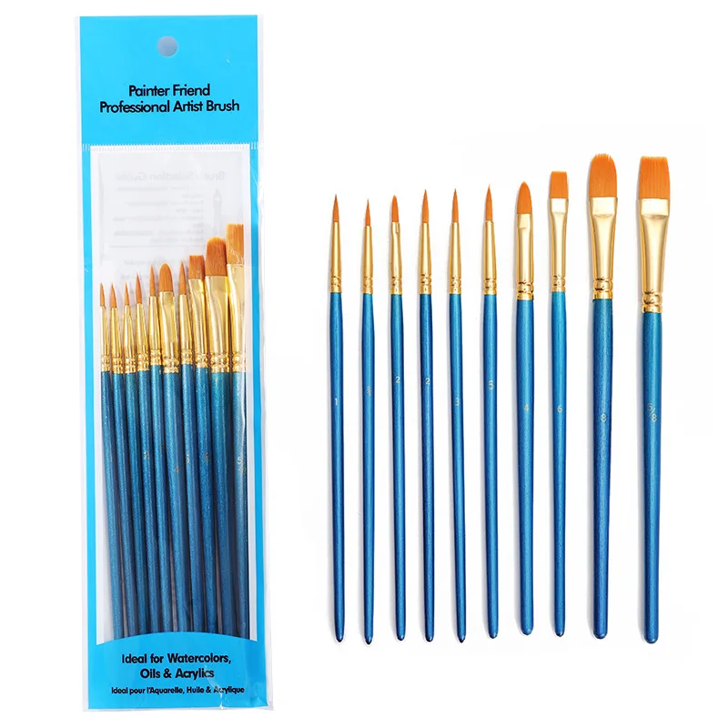 Artist paint brush brushes set 10pcs nylon hair pearly blue