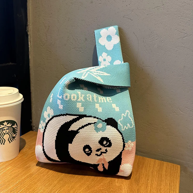 Portable knitted custom woven knot bag for lady customized pattern cheap promotional gift knitting crochet knot bag