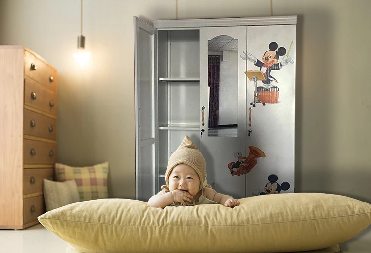 cupboard home Bedroom Furniture steel almirah lemari pakaian besi armario Metal Imprint cabinet 3 door wardrobe with mirror