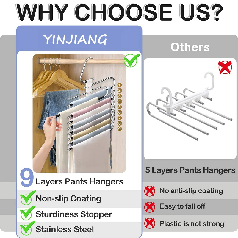 Upgrade 9 Layers Pants Hangers Space Saving Non Slip Stainless Steel Multifunctional Closet Organizer