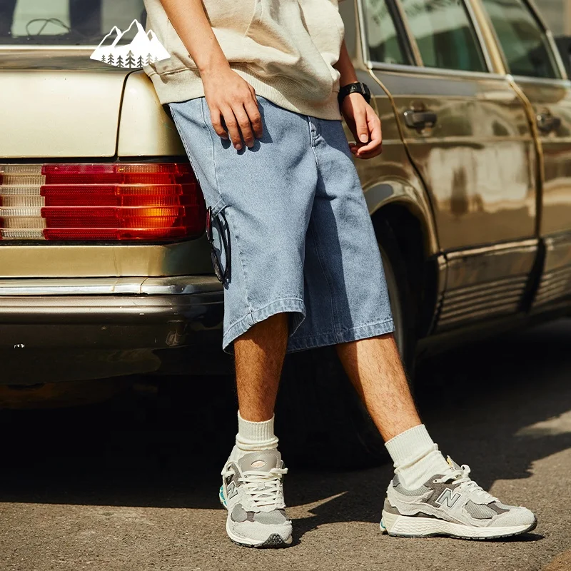 OEM Service Retro Loose Straight Shorts Demin Distressed Washed Solid Color Denim Shorts