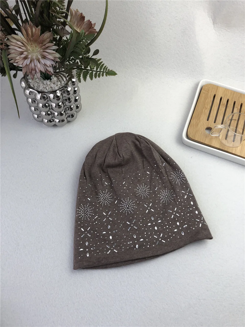 Women Winter Faux Fur Lined Jersey Rhinestones Studded Beanie Muslim Israeli Thick Pattern Print Slouchy Hat with Stones