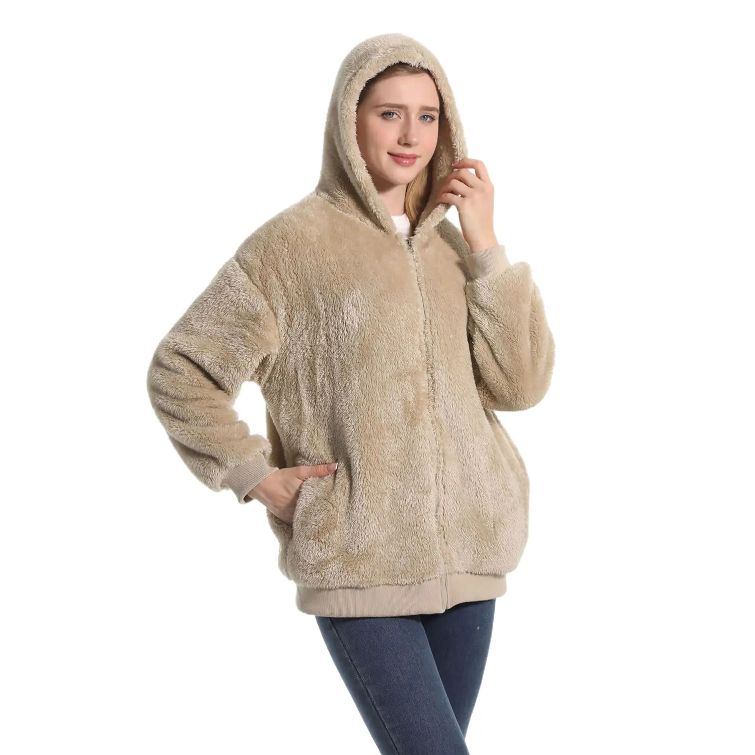 AIMINYZ Wholesale 2023 High Quality Winter Warm Plush Hooded Pure Sweater Soft Adult Short Zipper Shu Veleteen Leisure Coat