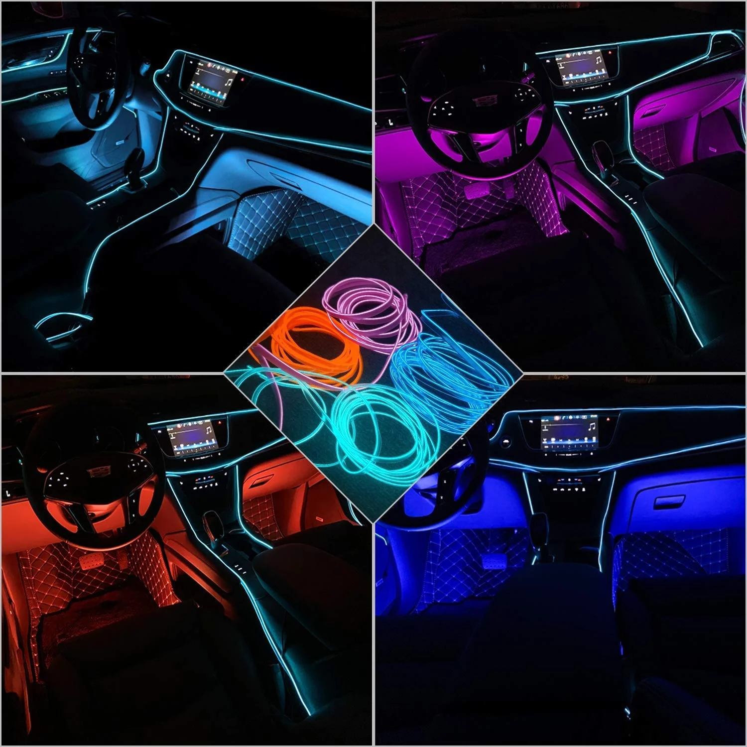 EL Wire Interior Car LED Strip Lights, USB Neon Glowing El Wire with 6mm Sewing Edge, Ambient Lighting Kits for Car, Garden