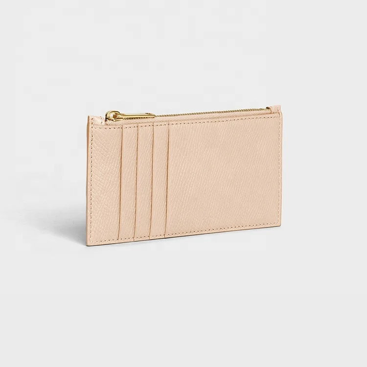 Custom Logo Nude Women Multi Card Slots Zipped Compact Leather Small Card Holders Epsom Leather Zip Cardholder Wallets