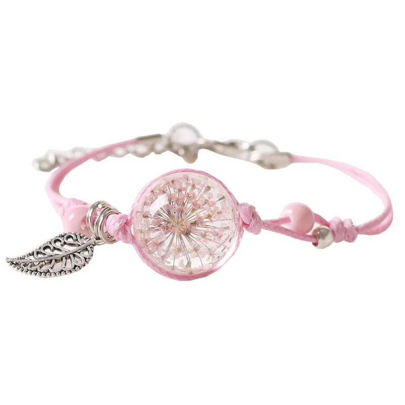 Handmade Rope Knot Braided with Ceramics Beads Natural Dried Flower Glass Ball Charms Bracelets