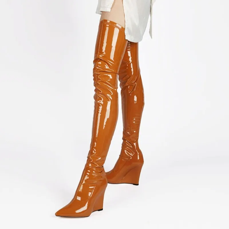Botas Altas Luxury Design Ladies Over Knee Long Boots Patent Leather Pointy Toe Wedge Heel Elastic Thigh High Boots For Women