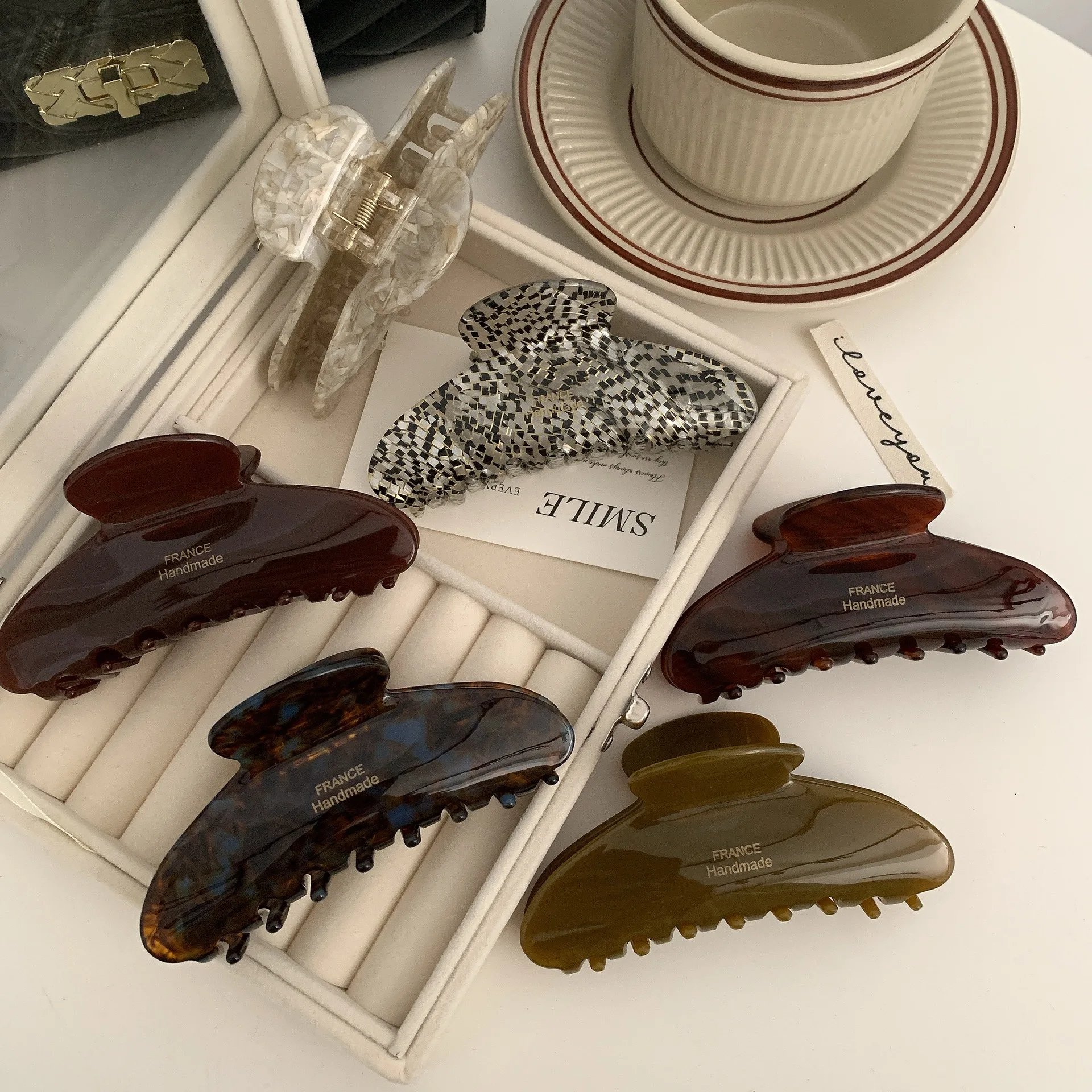 New France Handmade Geometry Large 10.5CM Brown Design Cellulose Acetate Big Hair Claw Clips For Women Girls Hair Accessories