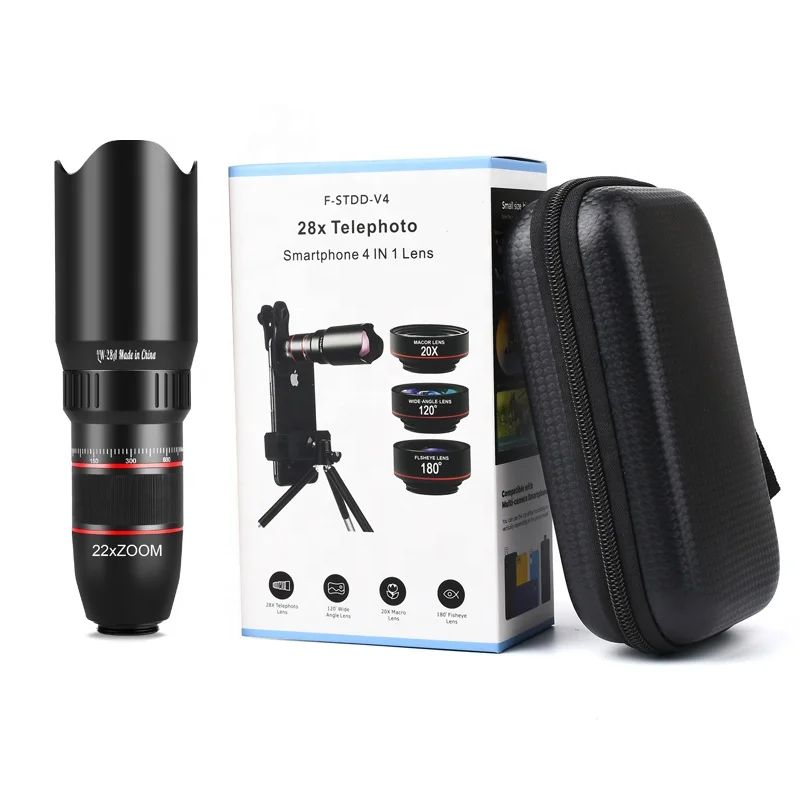 New Products 28X Zoom Telephoto Camera Lens Mobile 4 in 1 Fisheye Wide Angel Macro Lens Kit for Android and iOS Phone