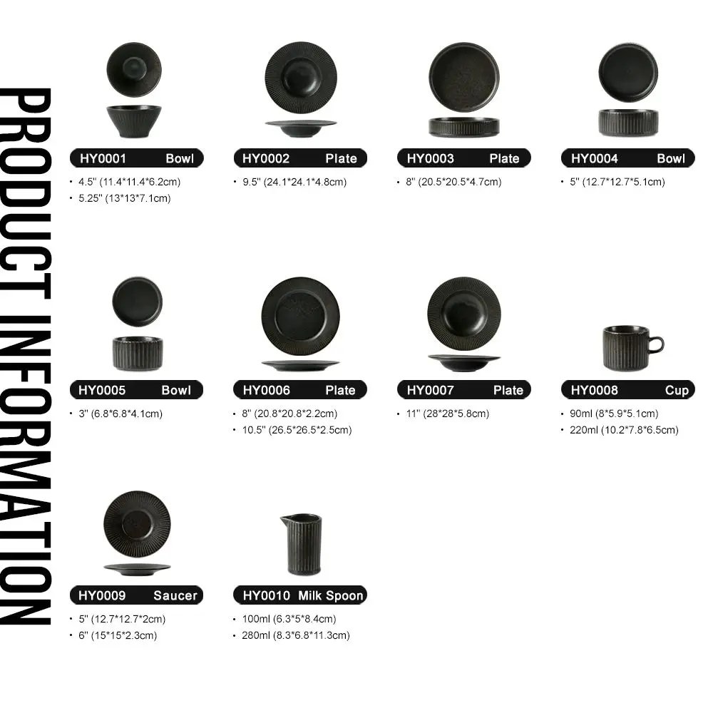 Restaurant Modern Reactive Black Glazed Porcelain Round Serving Plates Small Soup Cereal Bowl Ceramic Dinnerware Set