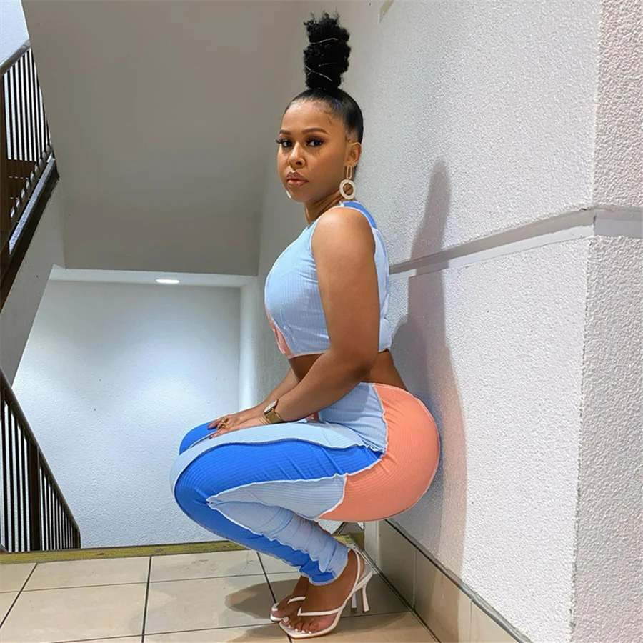 Nibber K21S01079 female summer contrast fitness sporty casual sleeveless ribbing 2piece set women