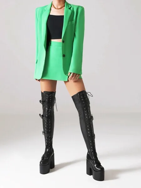 Customized Luxury Sexy nightclubs  round head  high boots in pole dancing  belt buckle platform chunky knee-high boots boots