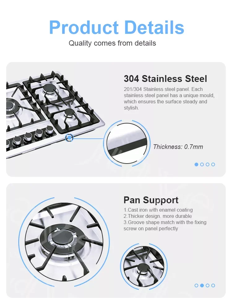 Gas hob for Kitchen Stainless steel 5 burner gas cooker built in stove with safety device Chinese sabaf