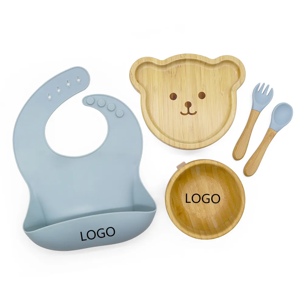 Melikey Custom Baby Tableware weaning Set Bowl Spoon Kids Animal Suction Plate Baby Bamboo Feeding Set