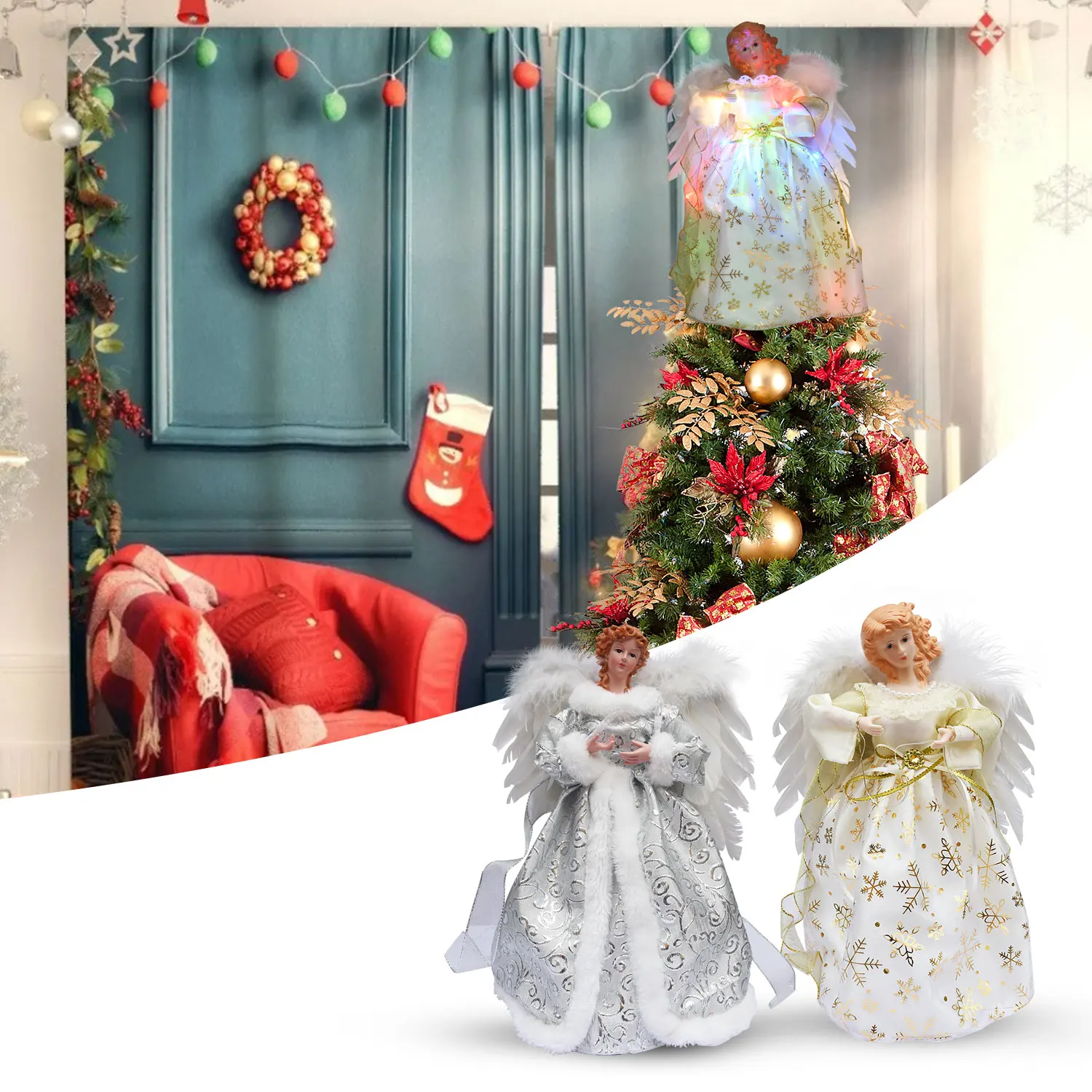 Elegant Christmas Tree Topper Angel With Real Feather Wing Christmas Tree Ornaments & Toppers