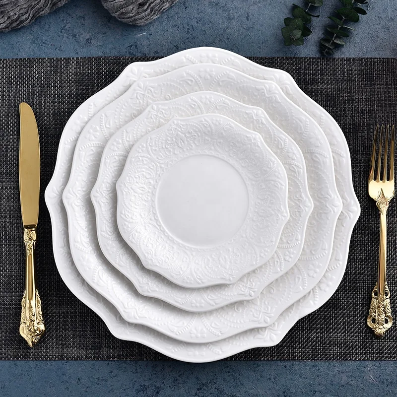 Embossed Design Floral Shape Ceramic Dinner Plates