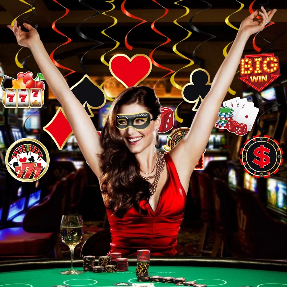 12pcs Casino Party Decor Hanging Swirls Poker Party Supplies Ceiling Hanging Swirls Poker Games Night Birthday Party Decorations