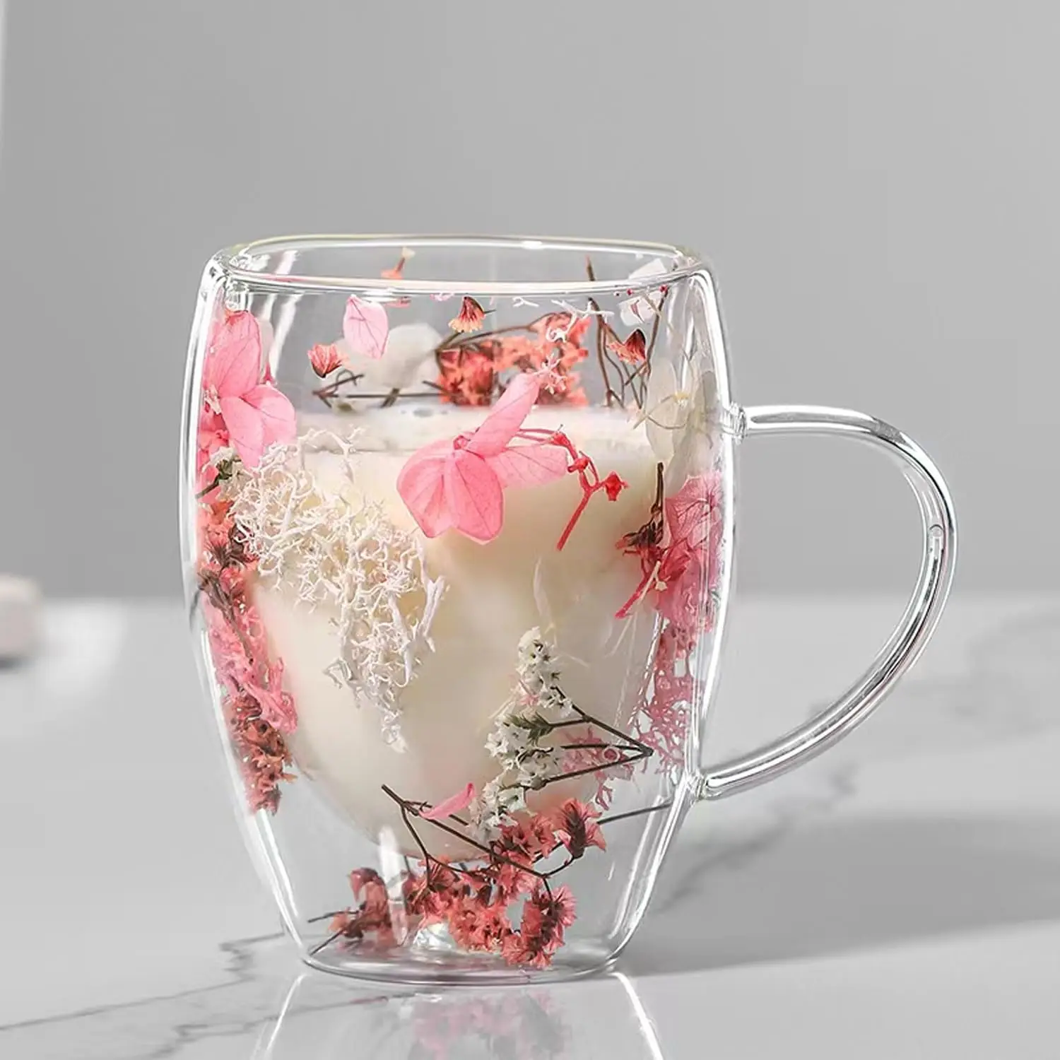 350ml New design creative reusable double wall glass mug cup with dry flower