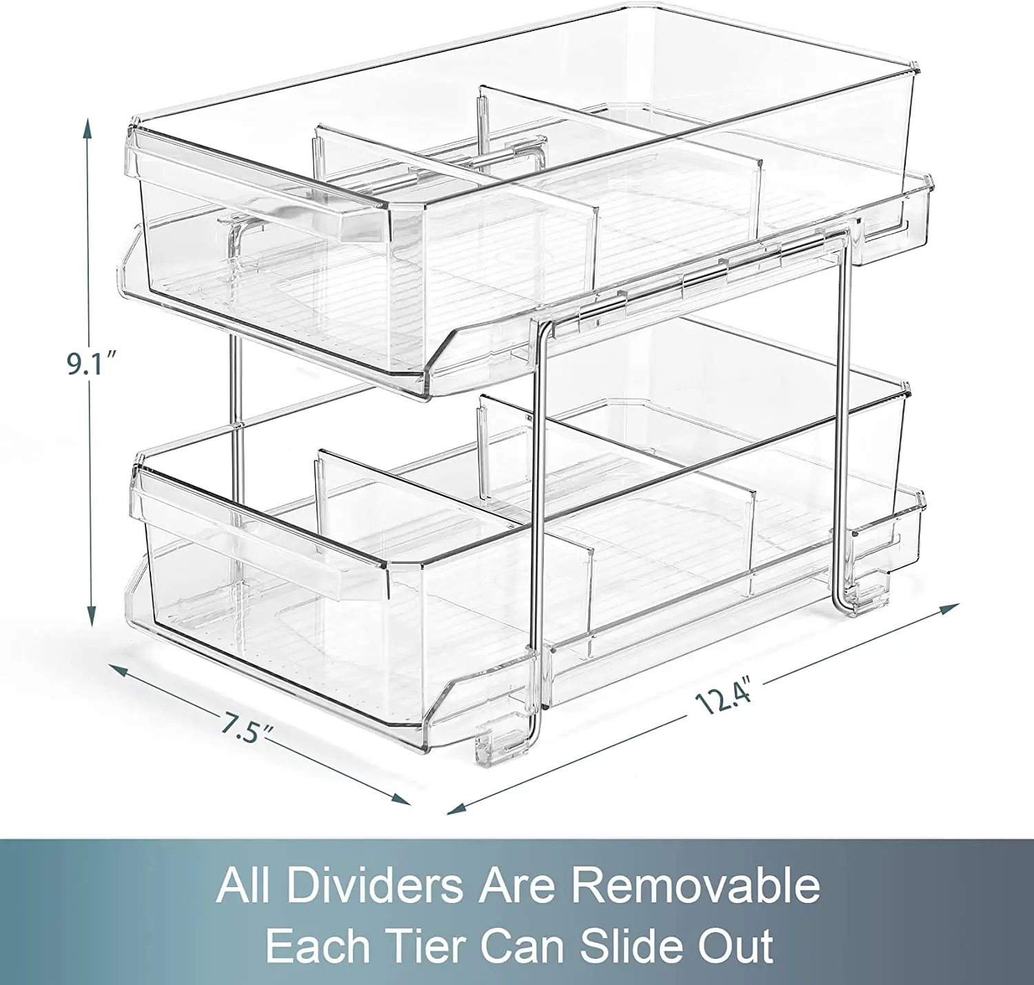 2-Tier Clear with Removable Dividers Slide-Out Plastic Storage Bins Bathroom Under Sink Organizer Kitchen Fridge Bins Wholesale