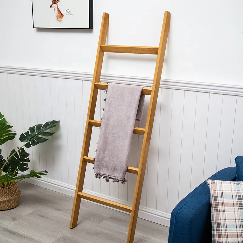 Customized Wooden Blanket Ladder 5 ft Wall Leaning Ladder Shelf Wooden Towel Rack Ladder Wood