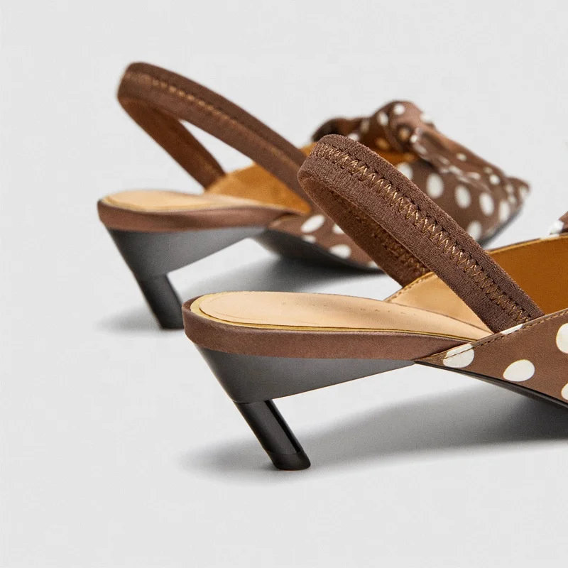 chengdu shoes  Summer Polka Dot Women Sandals Bowtie Kitten Heel Women Mules Pointed Toe Slingback High Heels Sandal Women Pumps