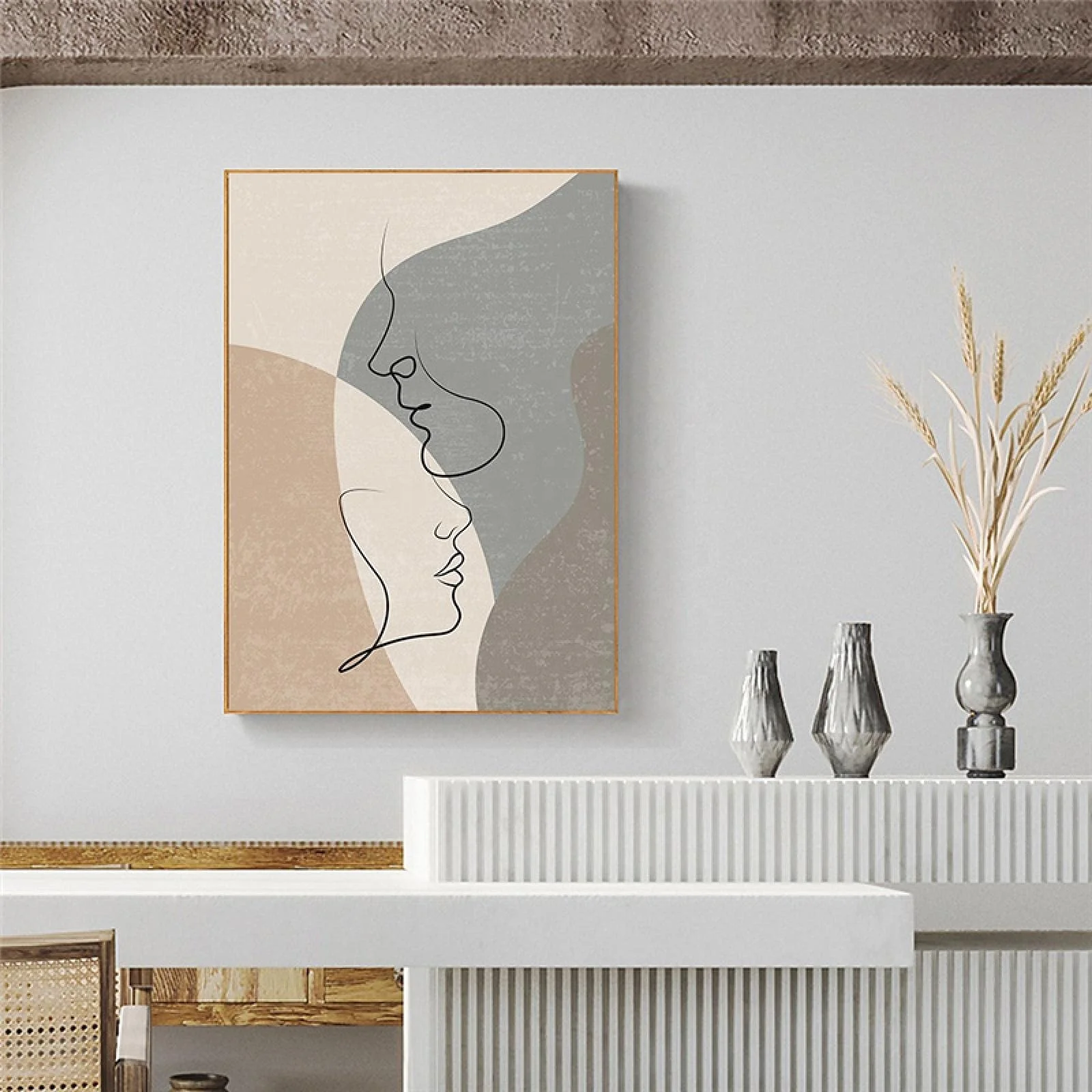 2 Pieces Abstract Geometric Lines Face Canvas Painting Boho Style Minimalist Figure Couple Lovers Kiss Wall Art Posters Printed