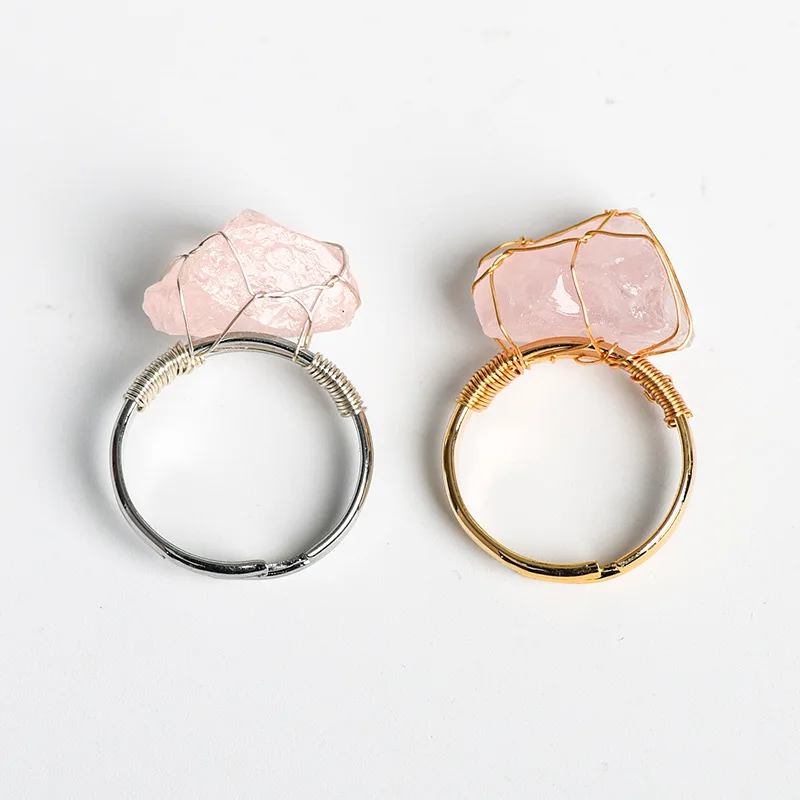 Wholesale Handmade Adjustable Ring Irregular Natural Stone Wire Wrapped Crystal Raw Stone Ring for Wedding Favors