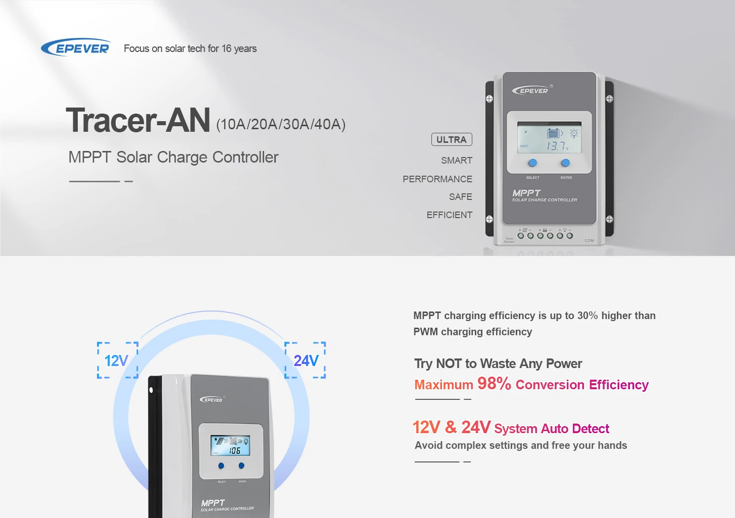 EPEVER EU warehouse Tracer-AN(10A~40A)series MPPT  Charge Controller  Solar Panel Regulator Battery Charger Controller 30 Amp
