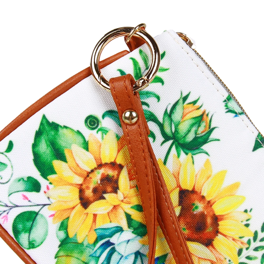 Wholesale luxury designer Hot sale sunflower printing PU women handbags high quality fringe purse wholesale with wristlet