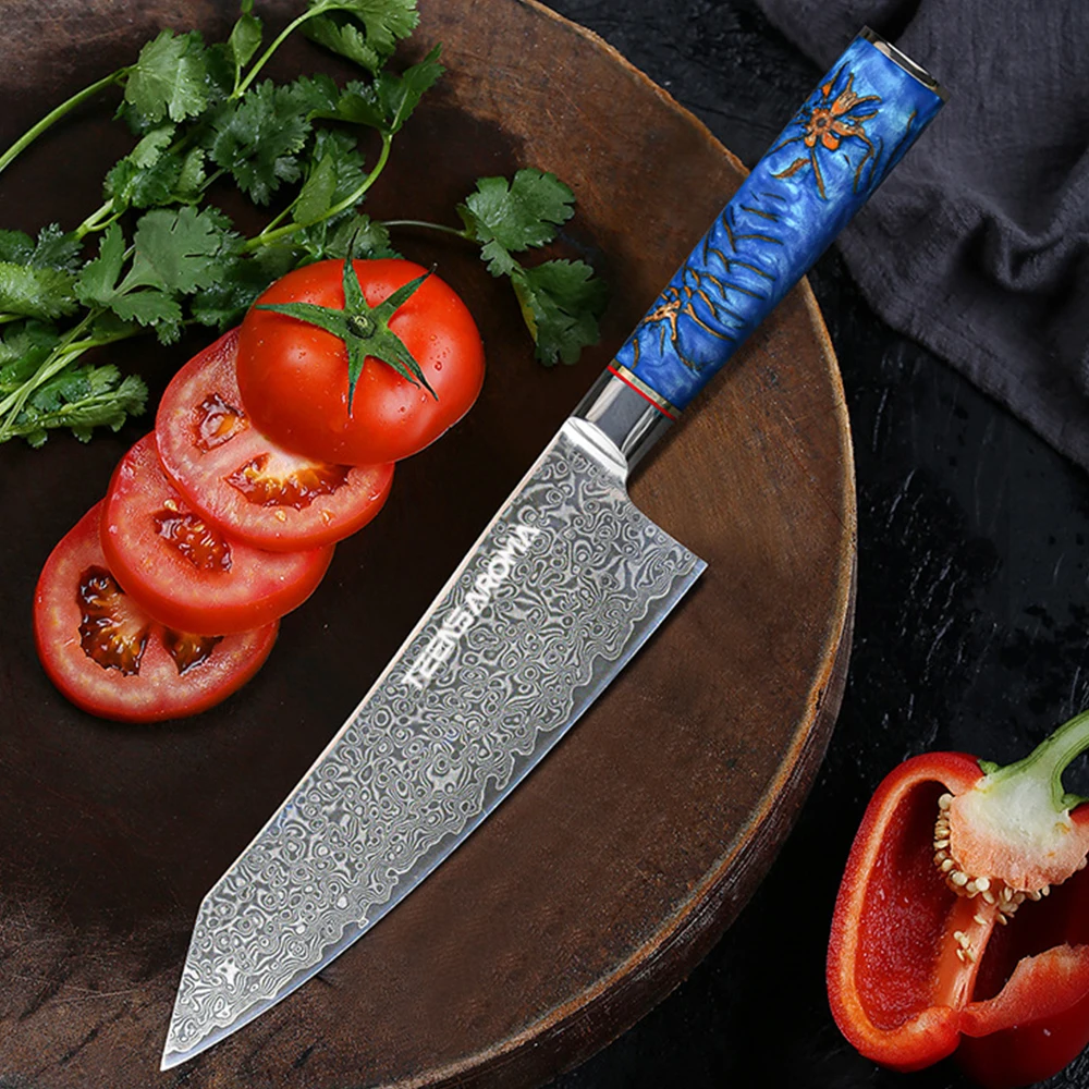 TEENS New Design VG 10 Damascus Kitchen Chef Knife with Blue Resin and Pine Cone Handle
