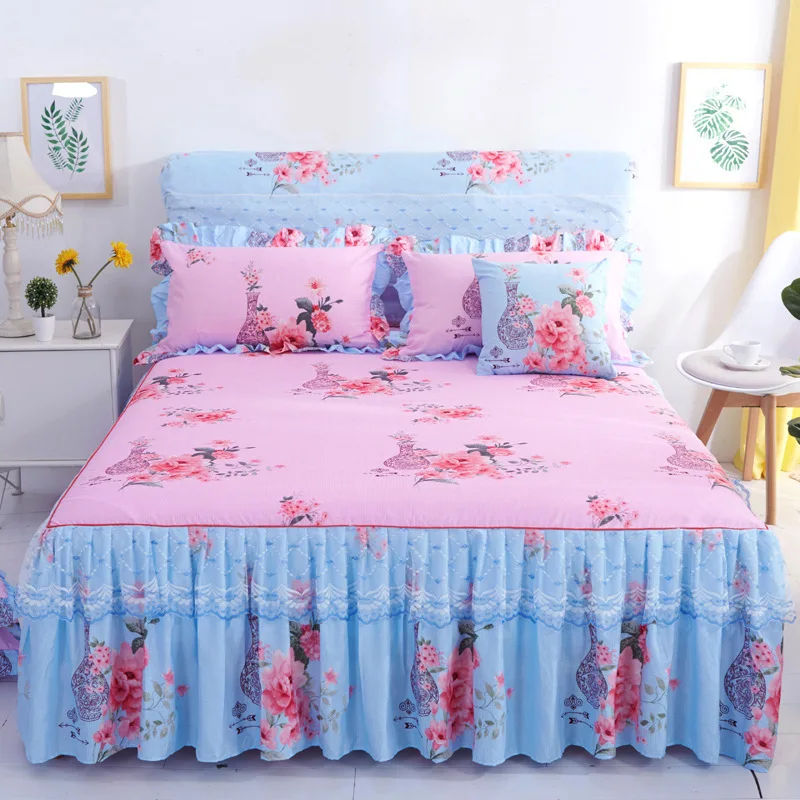New Arrival Heavy Ruffled Bedskirt Lace Bed Skirt Pink Flower Printed Bed Cover Skirt
