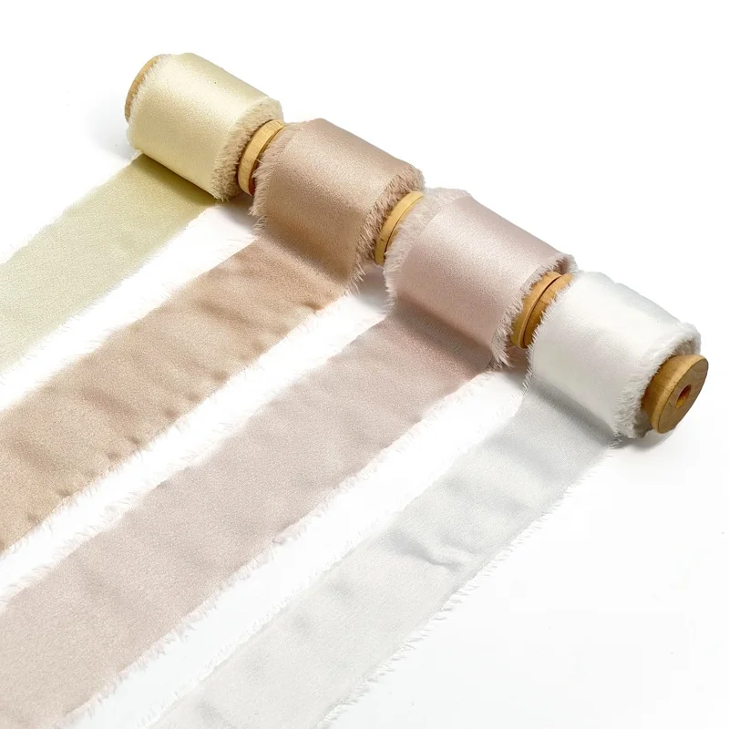 Raw edge christmas ivory silk like frayed chiffon fringe ribbon silk satin frayed ribbon for gift wrapping