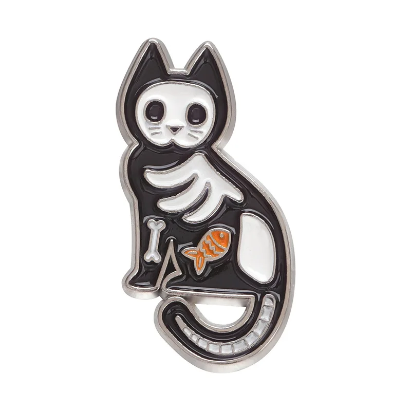 Hot Sale Cat Skeleton Horror Punk Enamel Nickel Plated Zinc Alloy Hat Pin Metal Crafts Lapel Pin For Gift