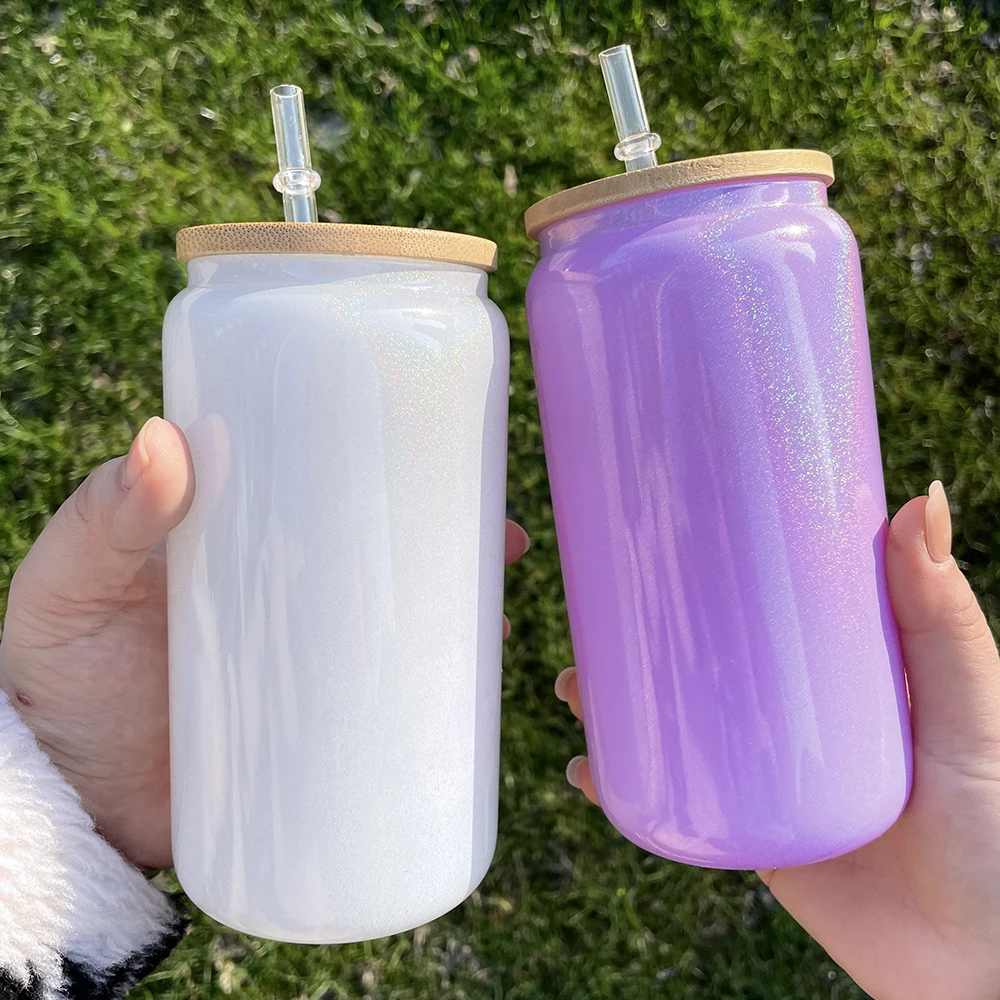 Rainbow glitter blank sublimation glass can 15oz 16oz 20oz Holographic Shimmer drinking glass For Heat Press Printing