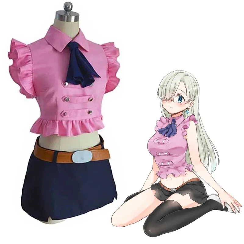 Anime The Seven Deadly Sins Elizabeth Liones Cosplay Costume Women Pink Skirt Summer Halloween Belt Bow Tie Clothing Set