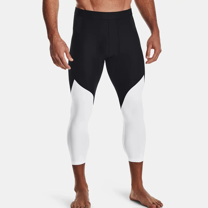 Patchwork 3/4 length color block mens fitness leggings gym tights male running jogger pants