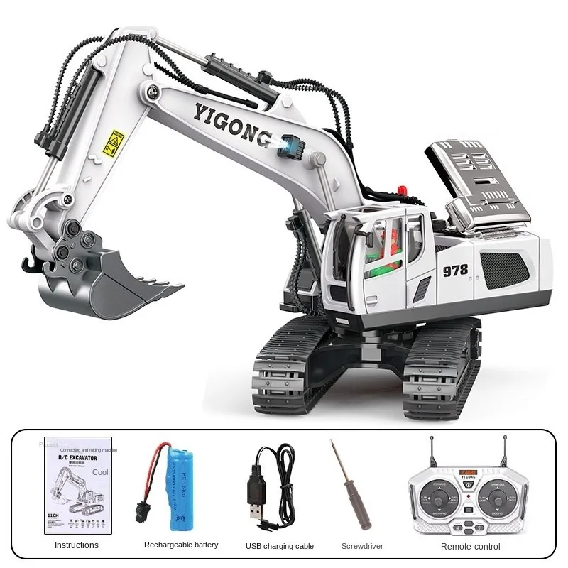 AiJH 11CH Alloy RC Excavator Car Turntable 680 Degrees Engineering Vehicle With LED Light Sound Bulldozer Toy RC Excavator Car