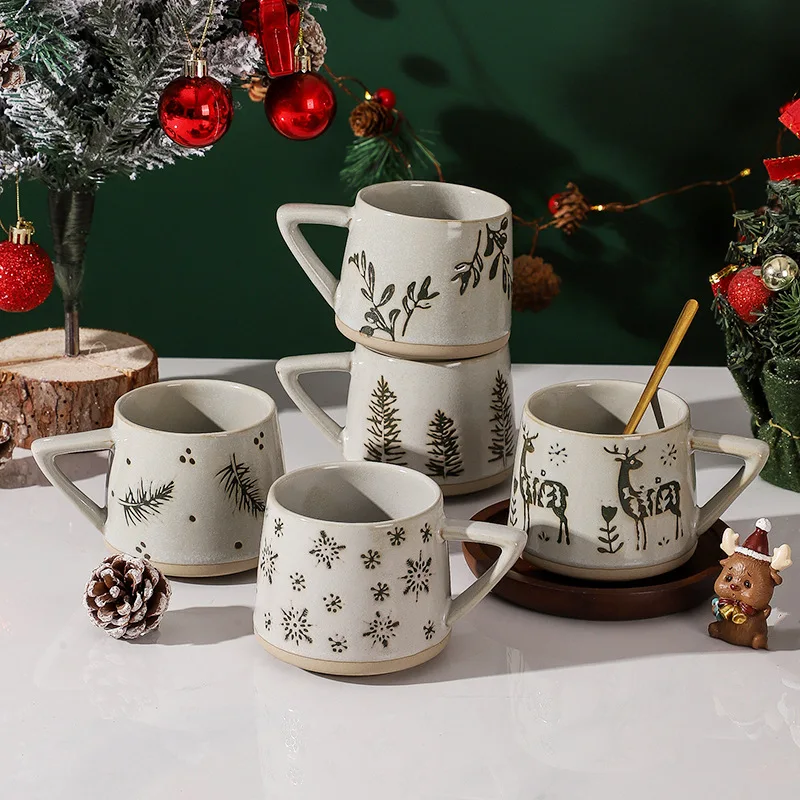 Nordic Gift Clay Mugs Vintage Christmas Ceramic Porcelain Coffee Mug Cup Business Gifts HANDGRIP Coffee Mugs Custom Logo Printed