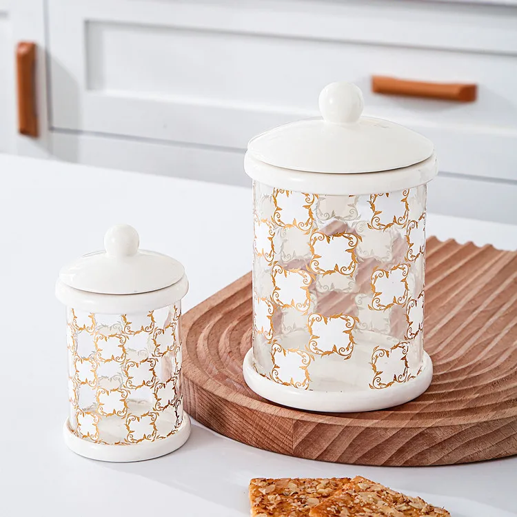 Cheap cylindrical snack storage bottle jar fancy decal glass food container sets with lid luxury kitchenware