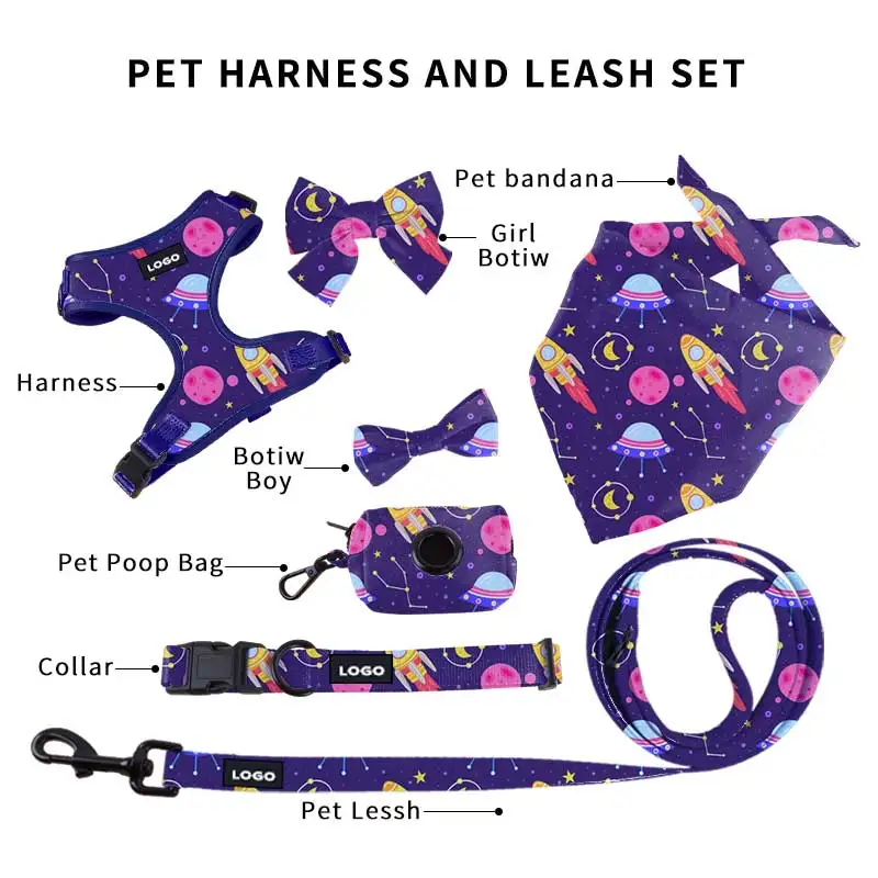 Neoprene Printed No Pull Purple Pet Vest Collar Leash Soft Padded Cat Dog Leash Leads Step In Lock Adjustable Luxury Dog Harness