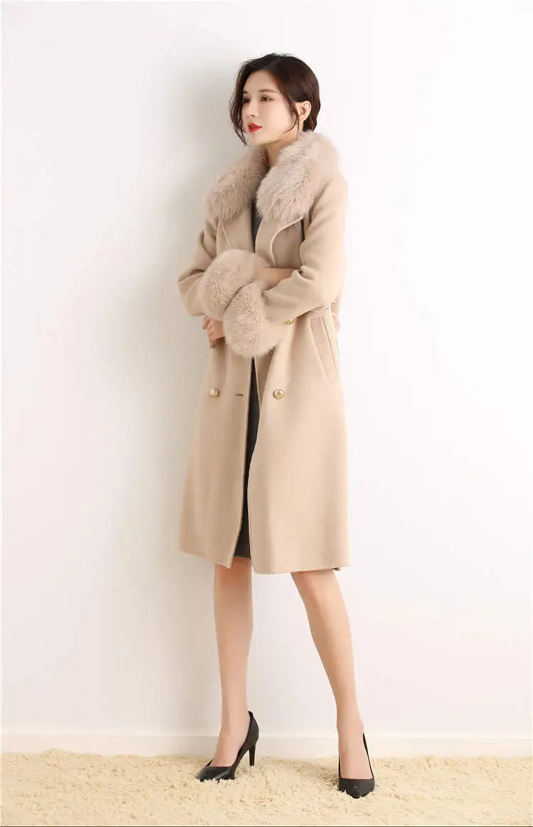 wholesale fashion winter clothes thick wool trench coat double breasted fox fur collar and cuffs womens winter wool coat