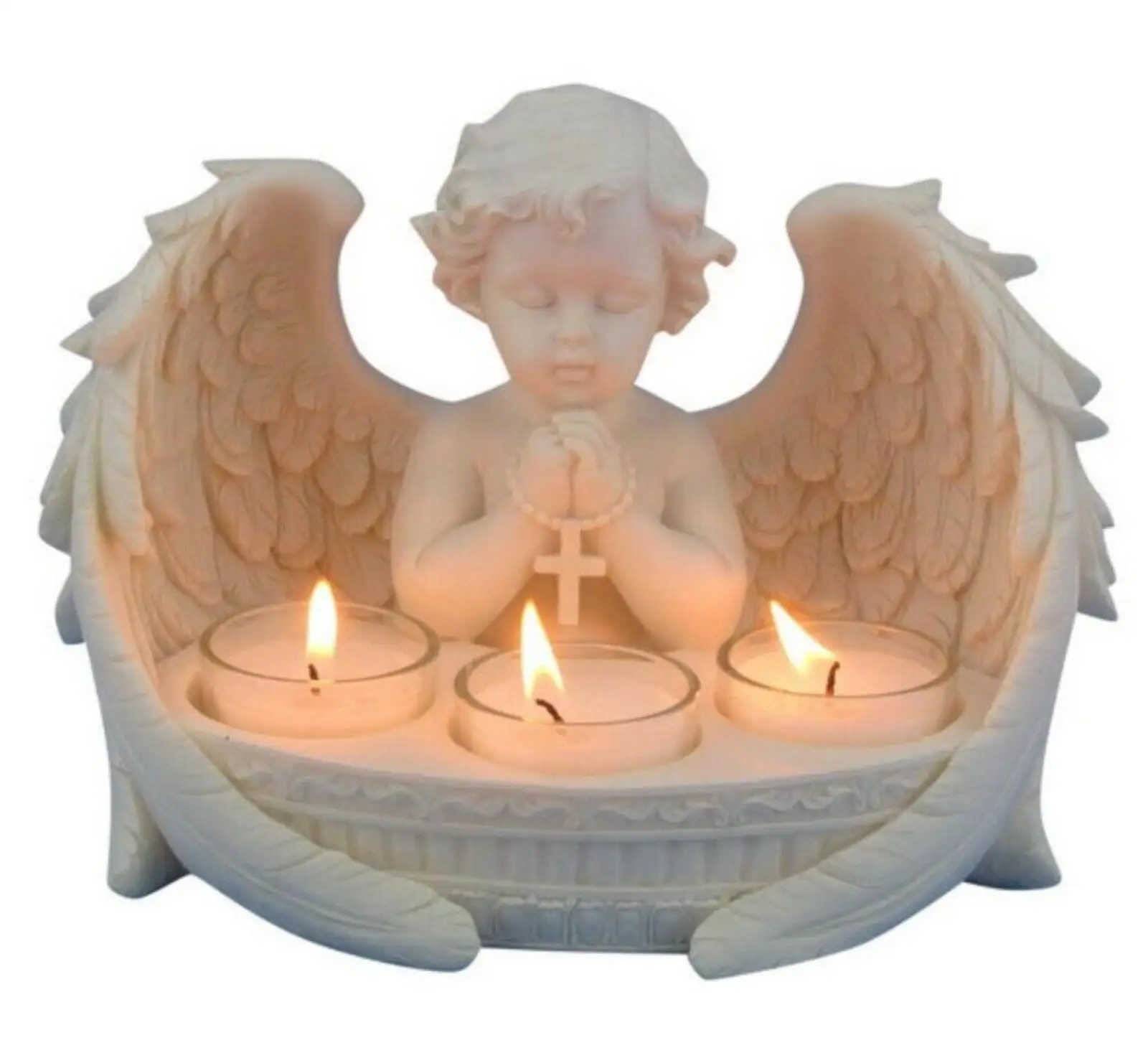 Resin White Candle Holders Candlestick Cherub Praying Angel Statue White Tea Light Holder Figurine Gold Statue with Cross