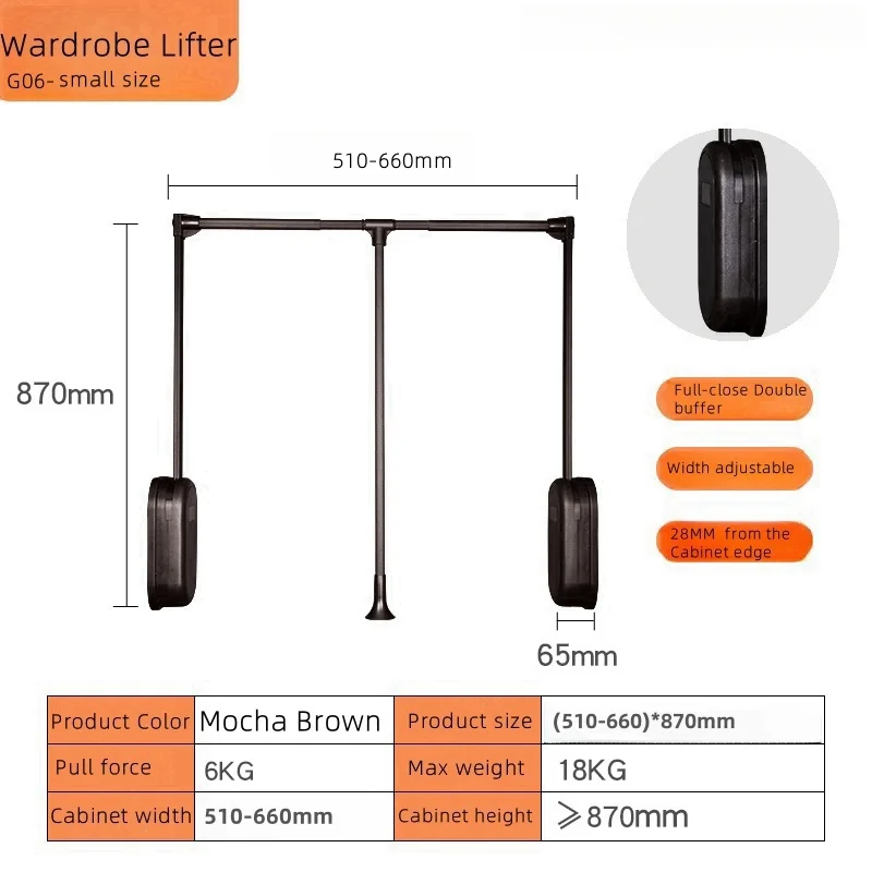 2025 Soft-Close Wardrobe Lifter Aluminum Expanding Heavy duty steel Tubing with ABS Housing