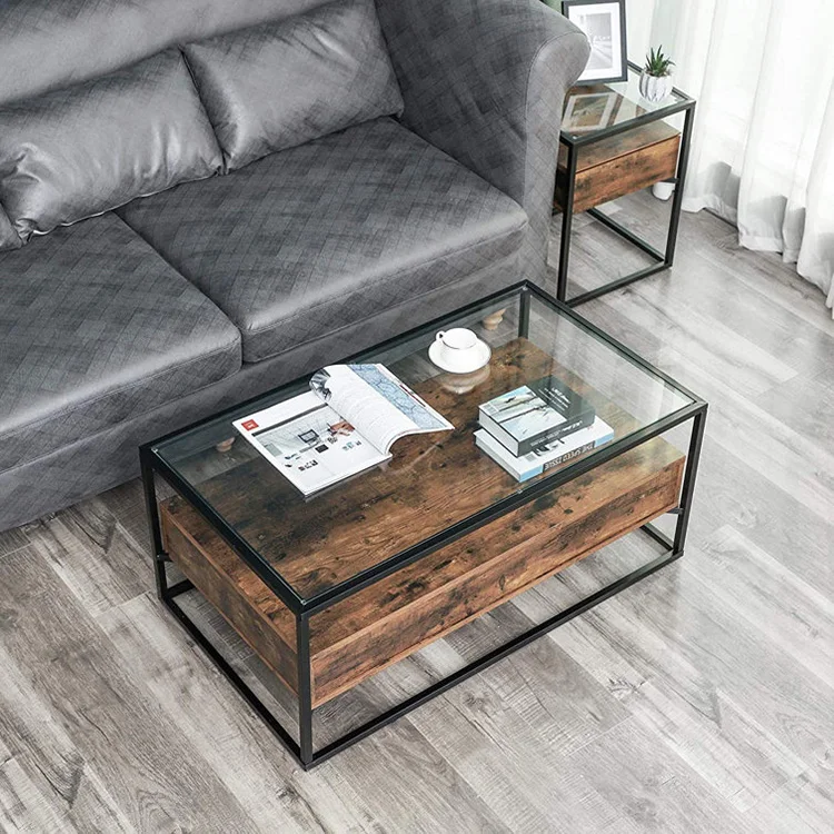 Vekin Furniture Wholesalers Living Room Custom Rustic Wood Tea Table Metal Frame Glass Top Coffee Table