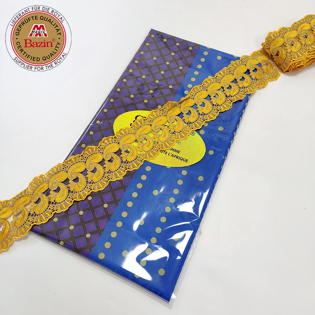 5+5 Yards Double Sides Printed Bazin Riche Fabric With Shiny Embroidery Ribbon For African Traditional Wedding Dresses Basin